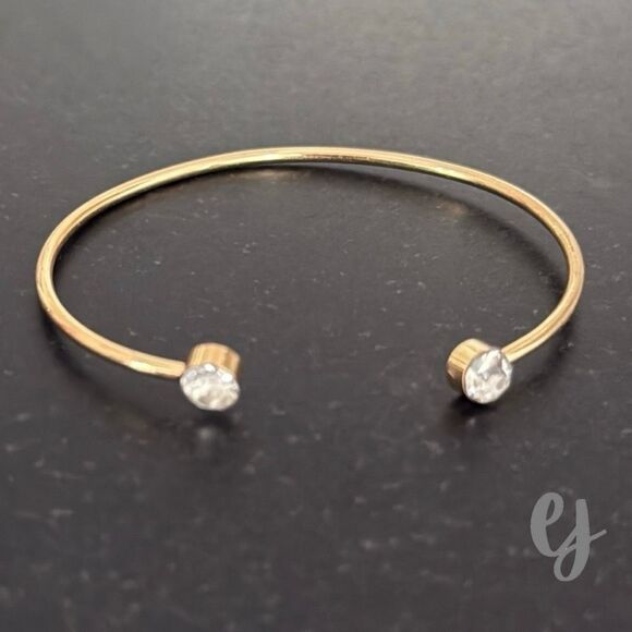 Set of 2 Gold Tone Bracelets with CZ Accents — Open Bangle Cuff and Stretch Duo - Picture 4 of 9